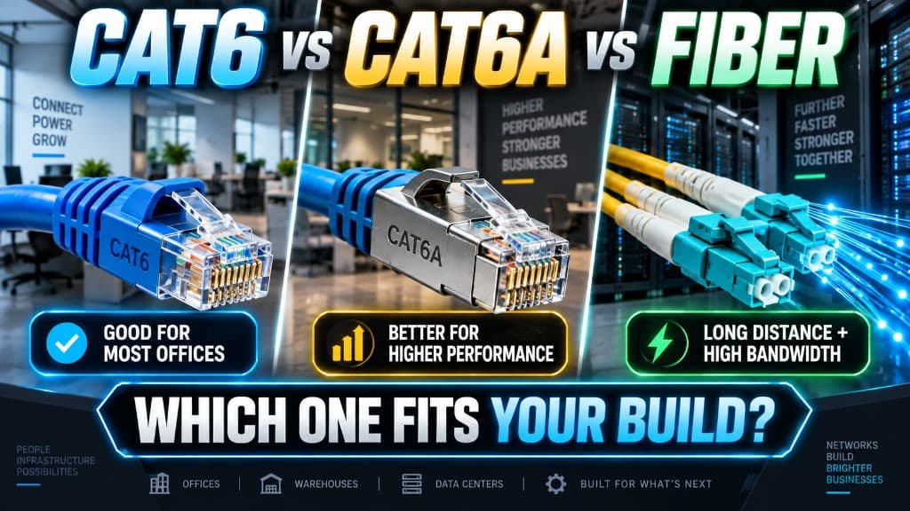 Cat6 vs Cat6A vs fiber comparison: office-ready Cat6, higher-performance Cat6A, and long-distance high-bandwidth fiber for commercial builds