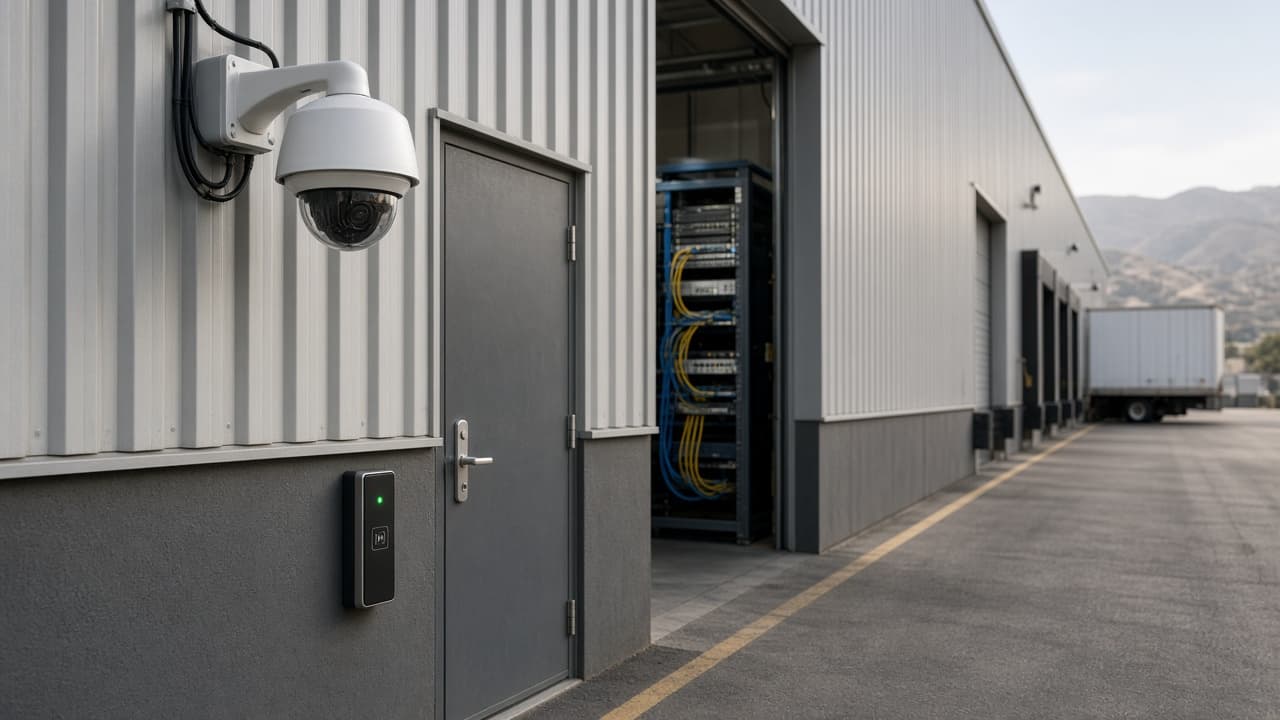 Commercial warehouse security cameras and access control door reader for a Southern California facility upgrade