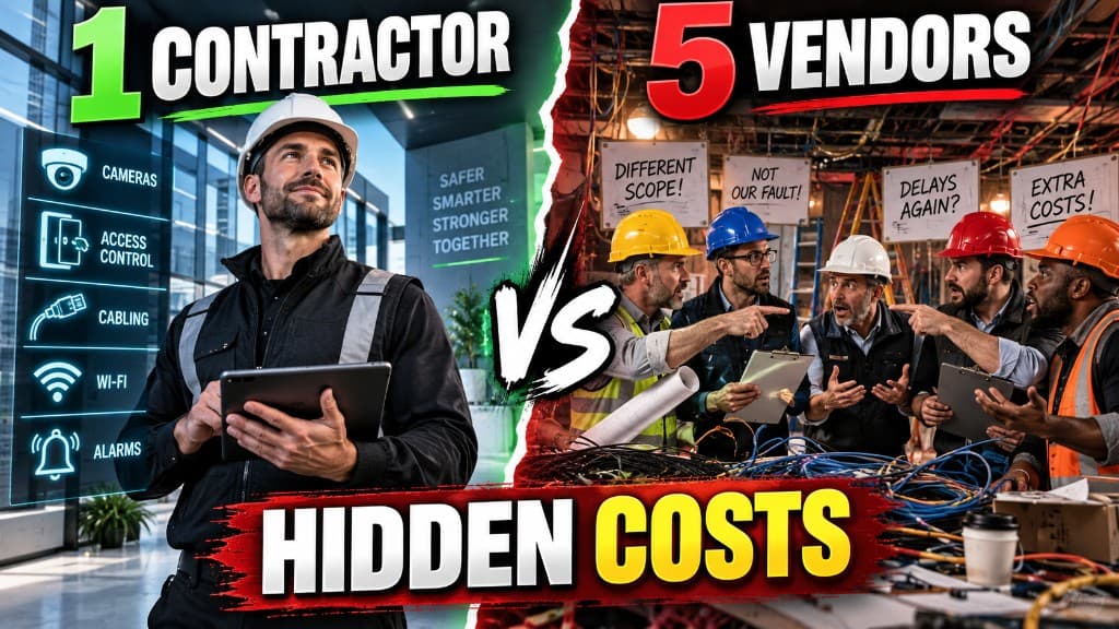 One low voltage contractor with integrated cameras, access, cabling, Wi-Fi, and alarms versus five vendors arguing over scope, delays, and extra costs