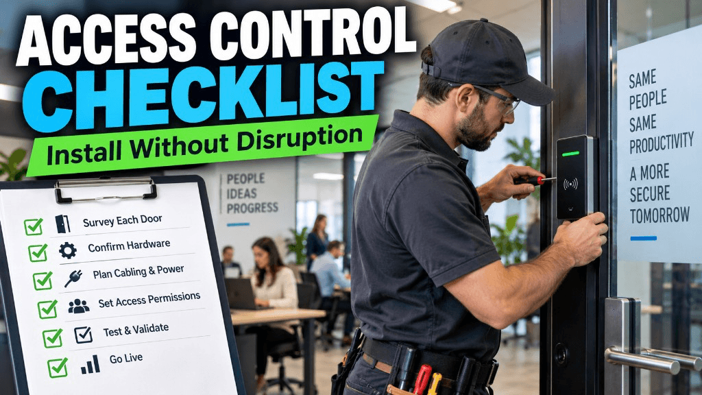 Technician installing a commercial access control card reader on a glass office door—door-by-door checklist for install without disruption