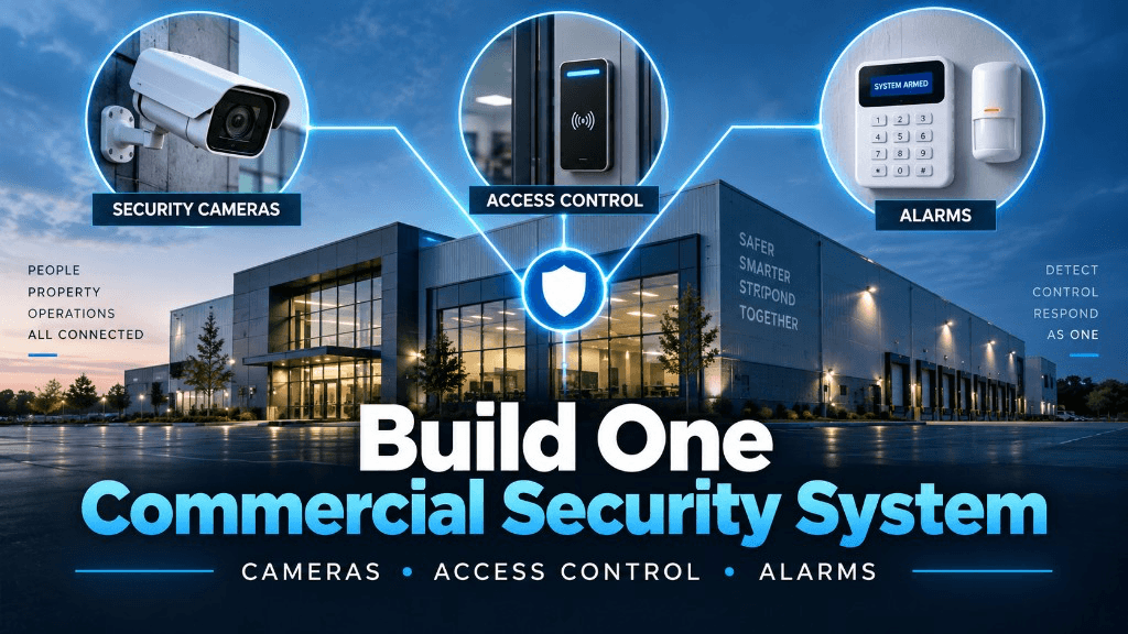 Build one commercial security system: cameras, access control, and alarms connected on shared pathways