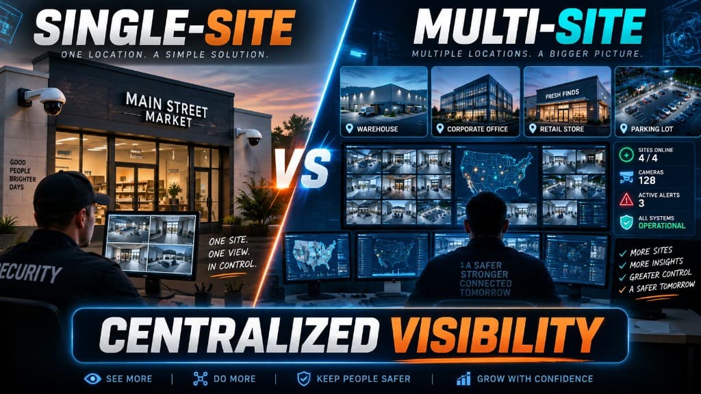 Single-site security with one local view versus multi-site centralized visibility across warehouses, offices, retail, and parking with one command center