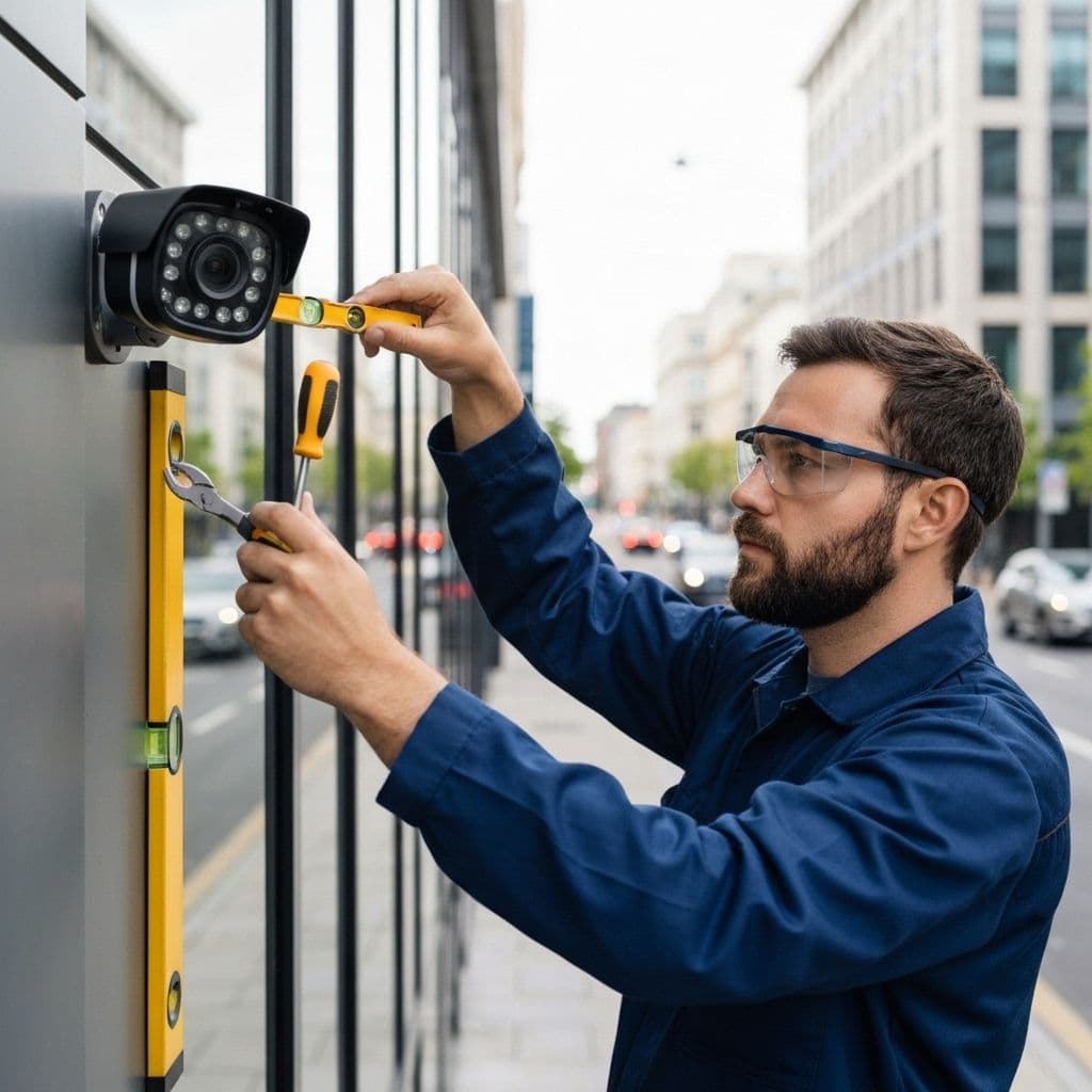 End-Point Wireless technician installing commercial security cameras