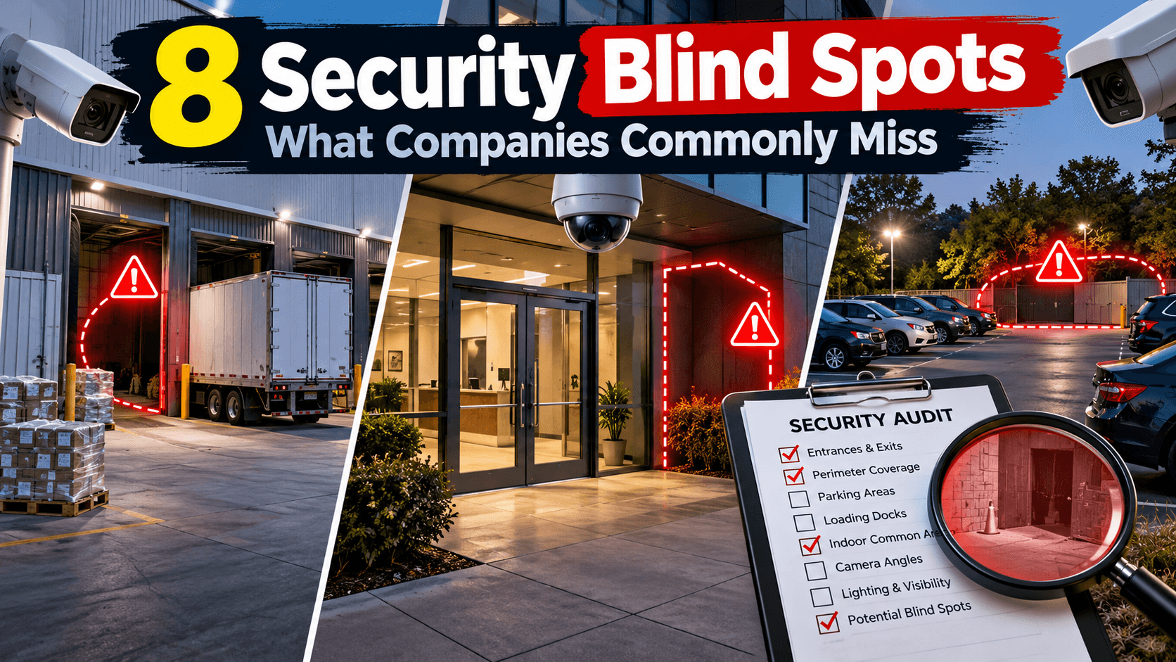 8 security camera blind spots companies commonly miss—loading dock, building entrance, and parking lot gaps flagged beside a security audit checklist