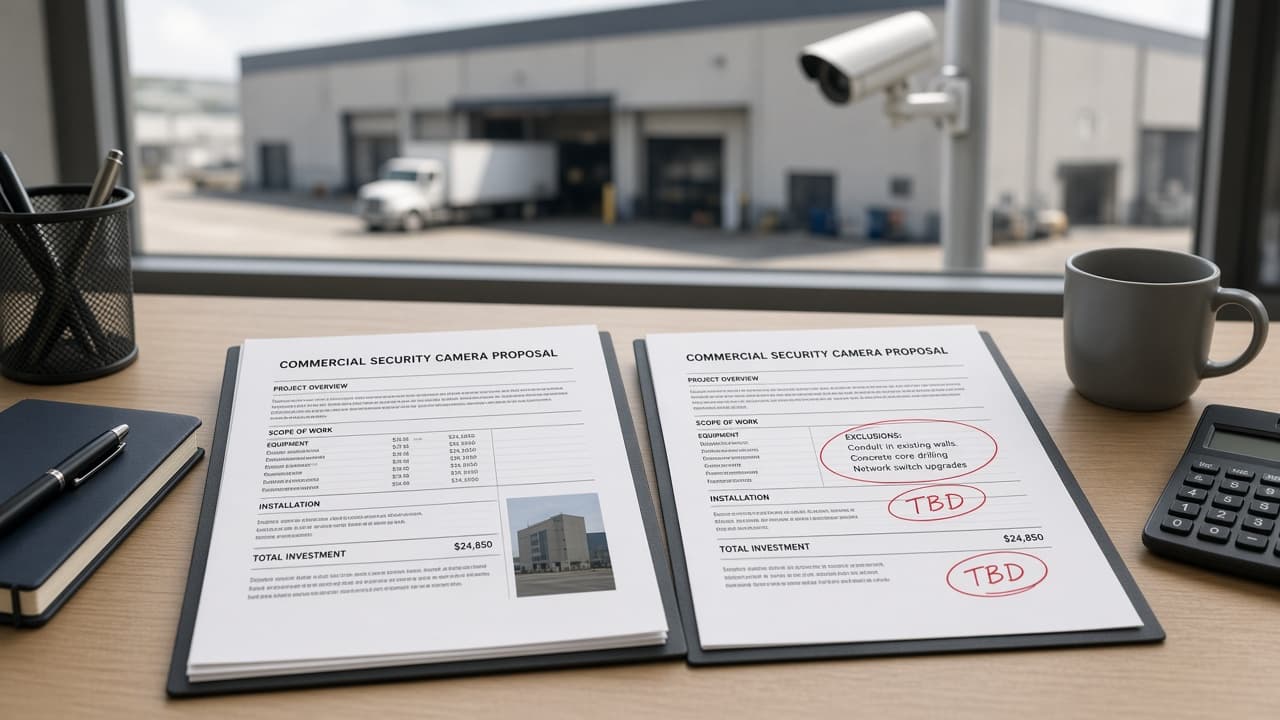 Facilities manager reviewing commercial camera quote exclusions on side-by-side proposals