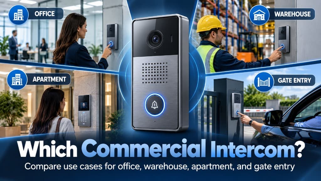Which commercial intercom? Visitors using video intercoms at an office, a warehouse, an apartment entry, and a vehicle gate pedestal, comparing commercial intercom use cases