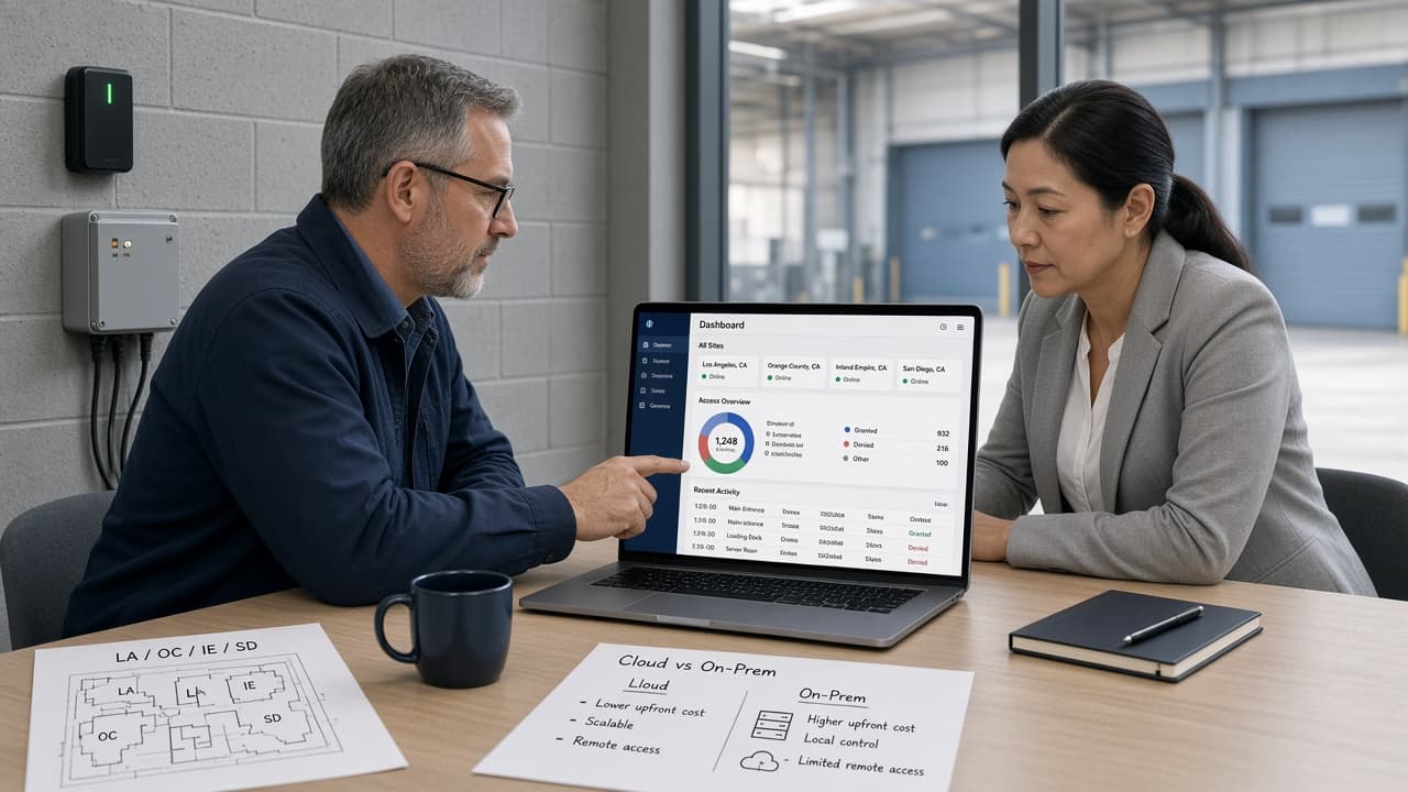 Facilities and IT reviewing multi-site cloud vs on-prem access control options for Southern California buildings