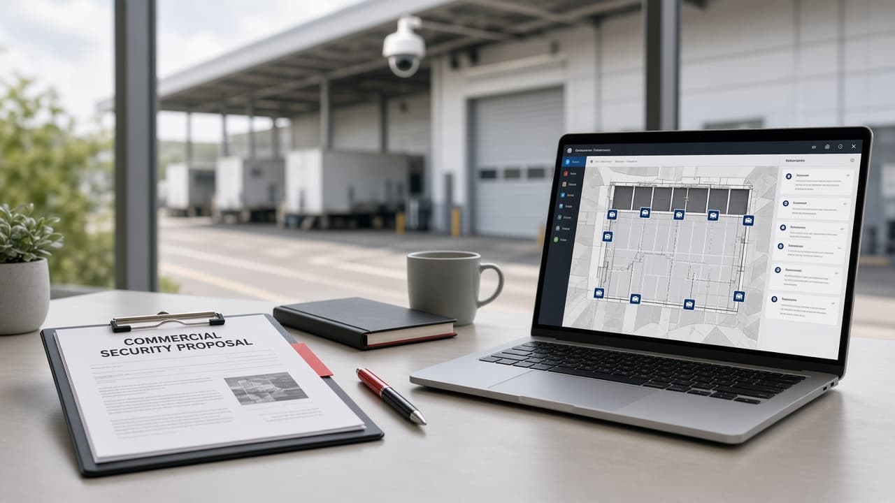 Commercial security camera quote checklist with coverage map and warehouse camera installation planning