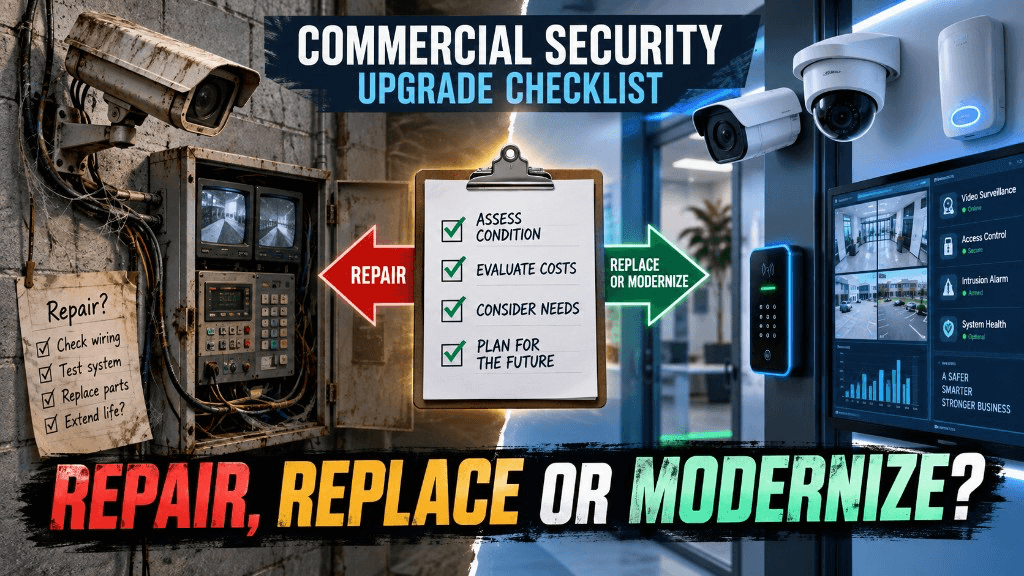 Commercial security system upgrade checklist comparing repair of aging cameras and panels versus replace or modernize with new IP cameras and access control