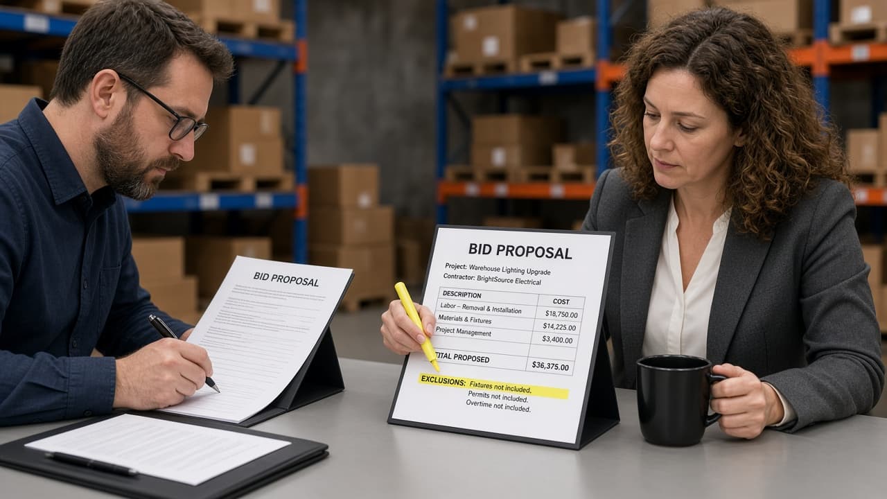 Facilities and IT comparing three low voltage contractor proposals with exclusions highlighted