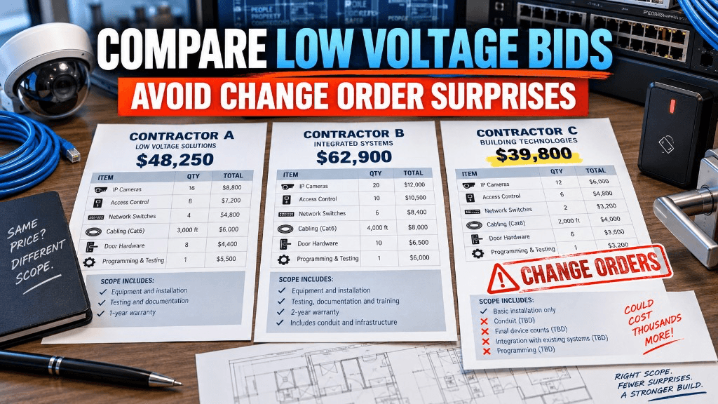 Facilities and IT comparing three low voltage contractor proposals with exclusions highlighted