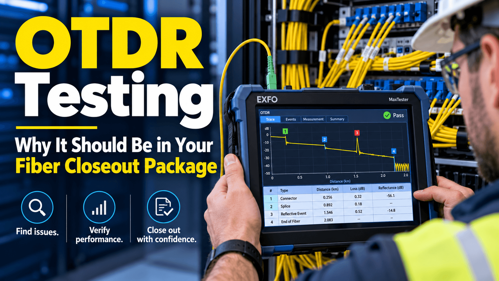 Technician running OTDR testing on commercial fiber, with a trace showing connector, splice, and reflective events for the fiber installation closeout package