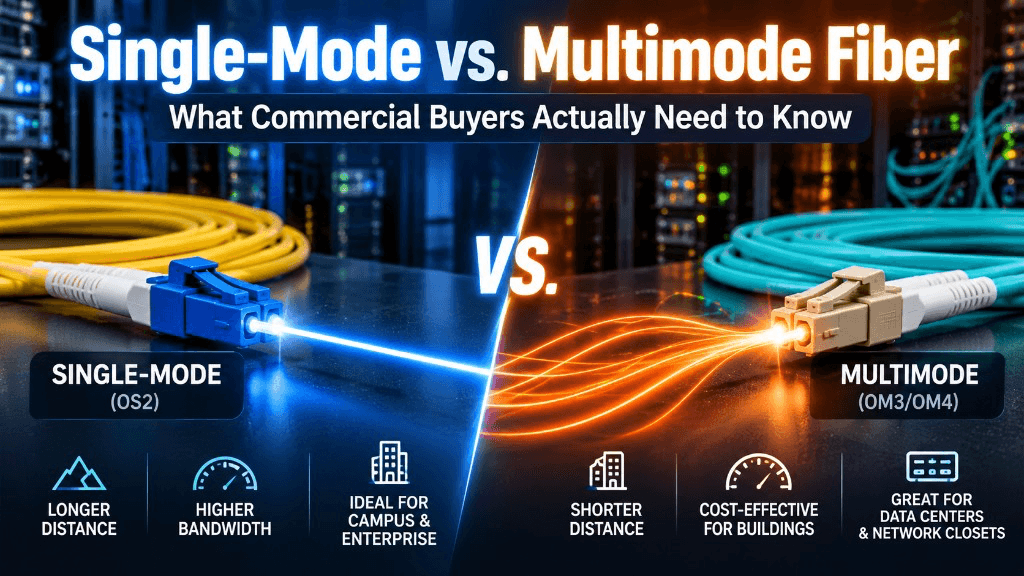 Comparison of Single-Mode (OS2) vs Multimode (OM3/OM4) fiber—longer distance and campus use vs shorter-distance, cost-effective building links