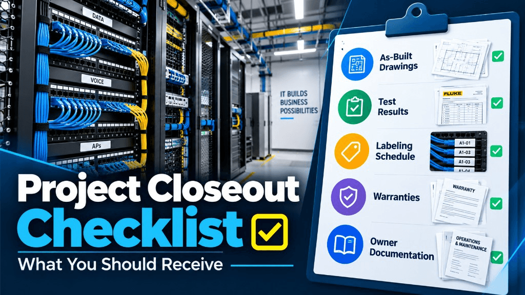 Project closeout checklist for structured cabling: as-built drawings, test results, labeling schedule, warranties, and owner documentation