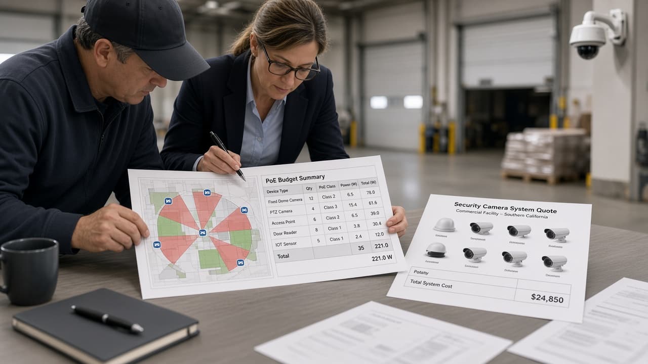 Facilities and IT reviewing a coverage map and PoE table next to a commercial camera quote