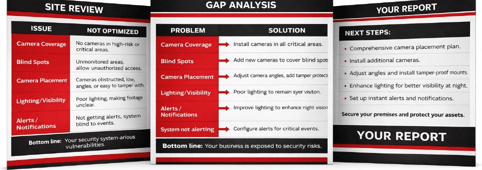 Site review, Gap analysis, and Your report — camera blind spot audit steps