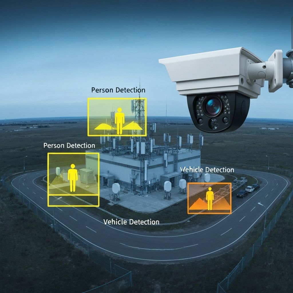 AI security camera monitoring cell tower with analytics