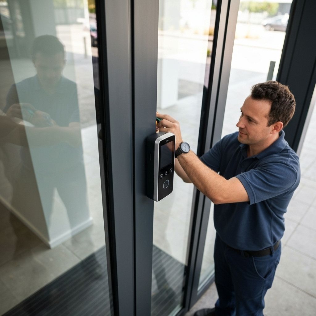 Modern Bluetooth NFC reader being installed on commercial door