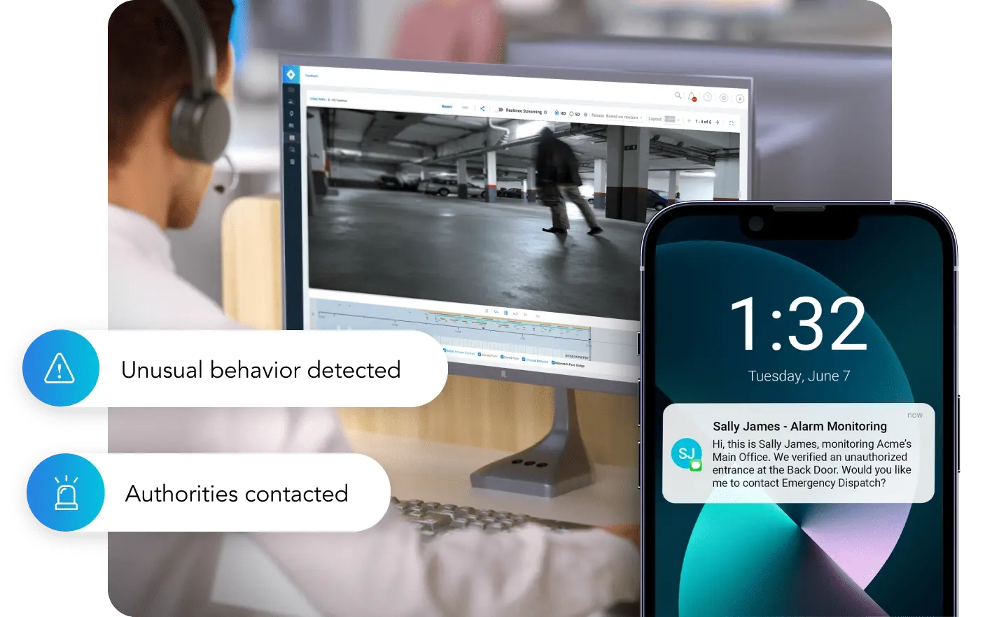 Rhombus Console showing alarm sensors and camera feeds in unified interface