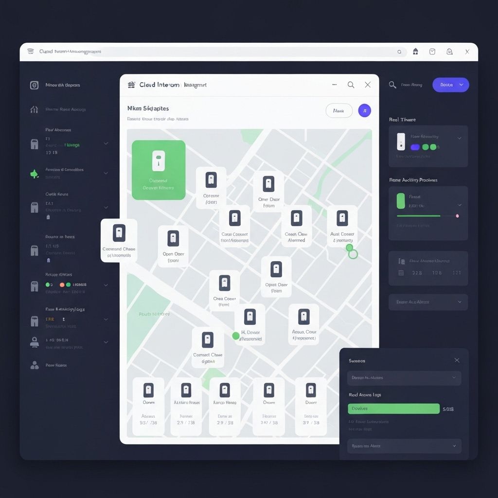 Cloud-based intercom management dashboard showing multiple apartment doors and access control