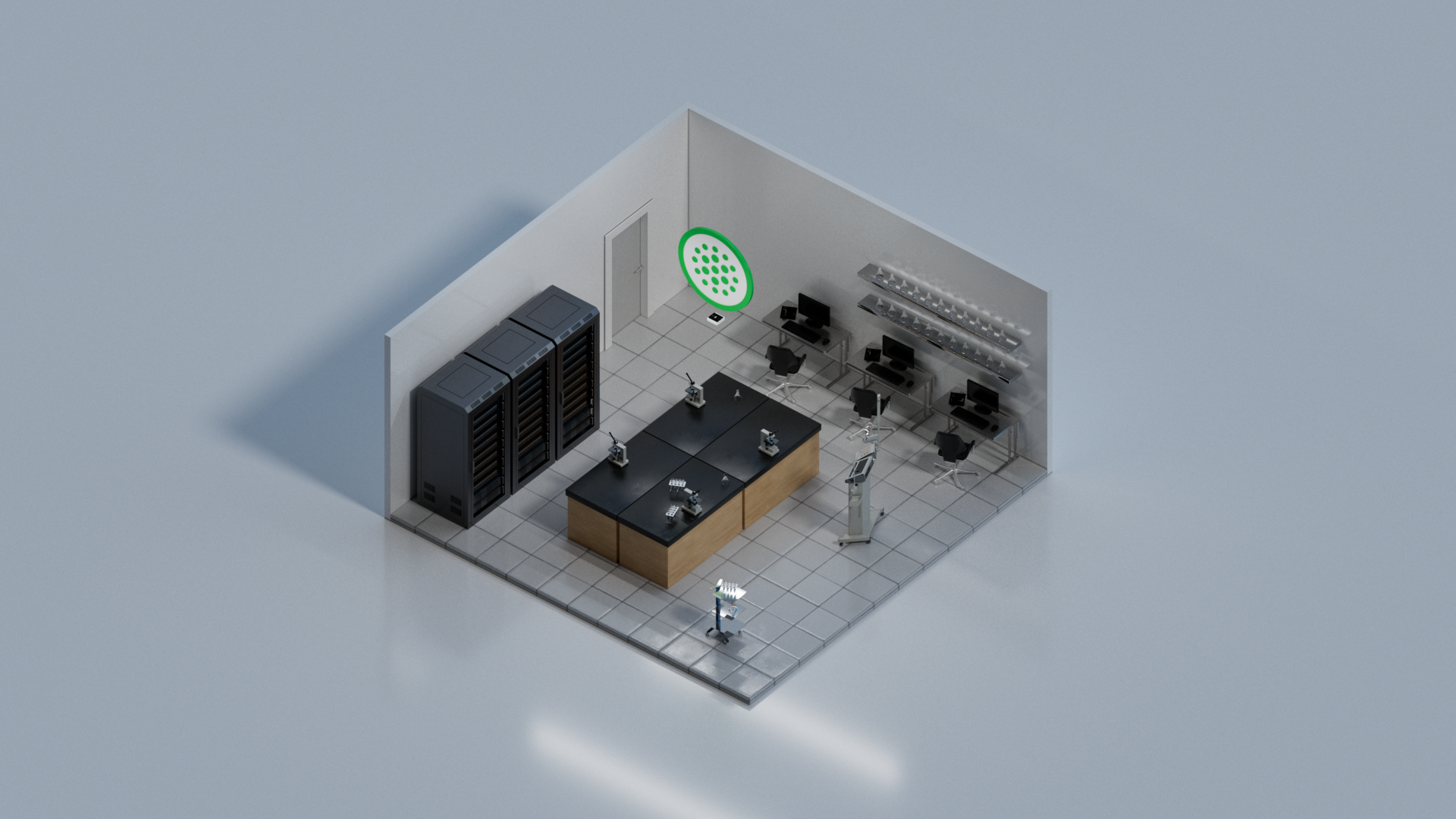 Isometric view of monitored server room with environmental sensors and security equipment