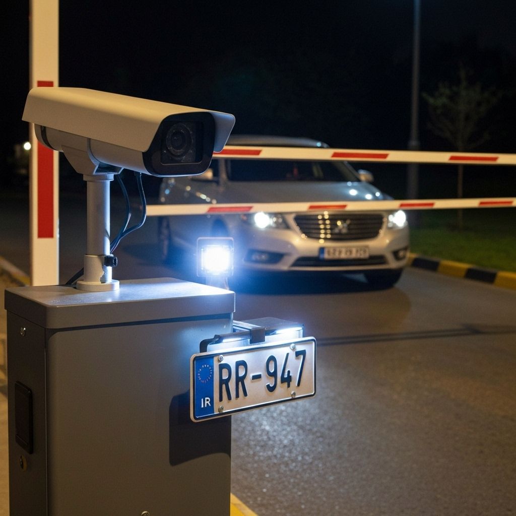 License plate recognition camera capturing vehicle plate at gate entrance