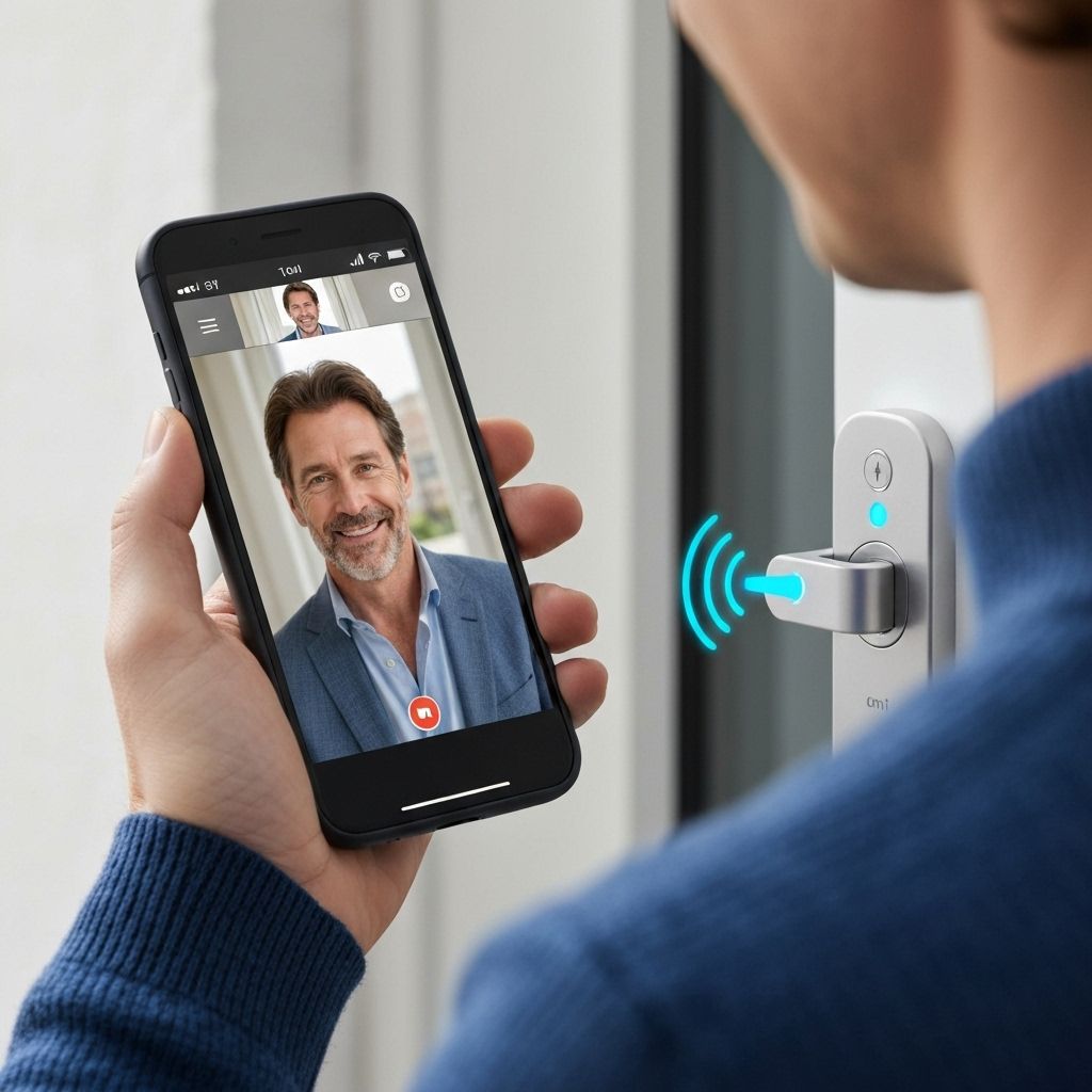 Person using smartphone app to answer video intercom and unlock door remotely