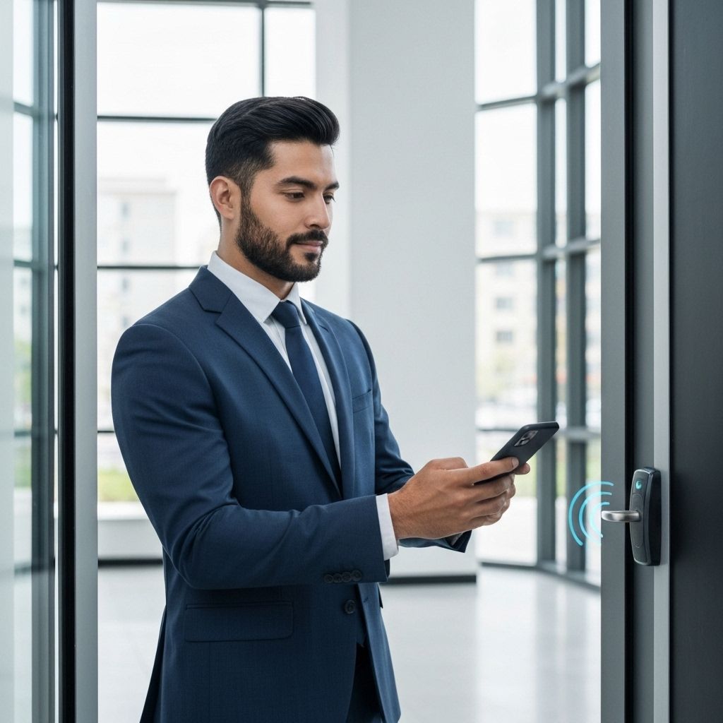 Person using smartphone with mobile credential to unlock commercial door