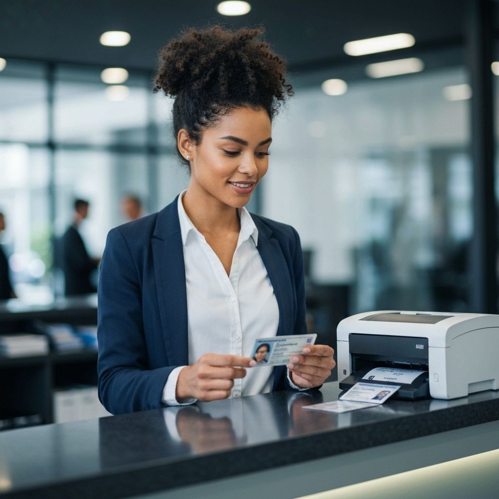 Receptionist verifying visitor ID and printing security badge