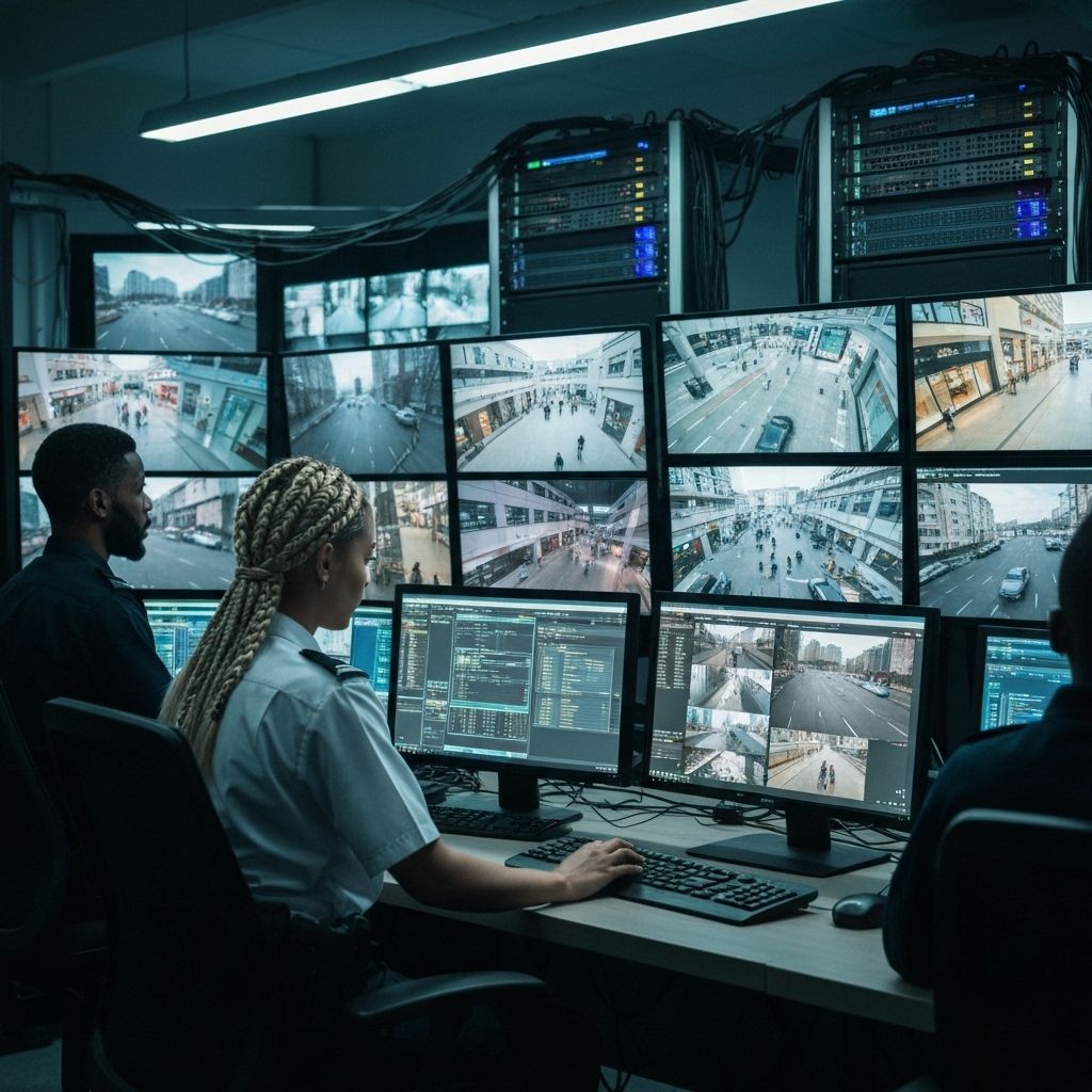 Security operations center with live agent monitoring multiple camera feeds