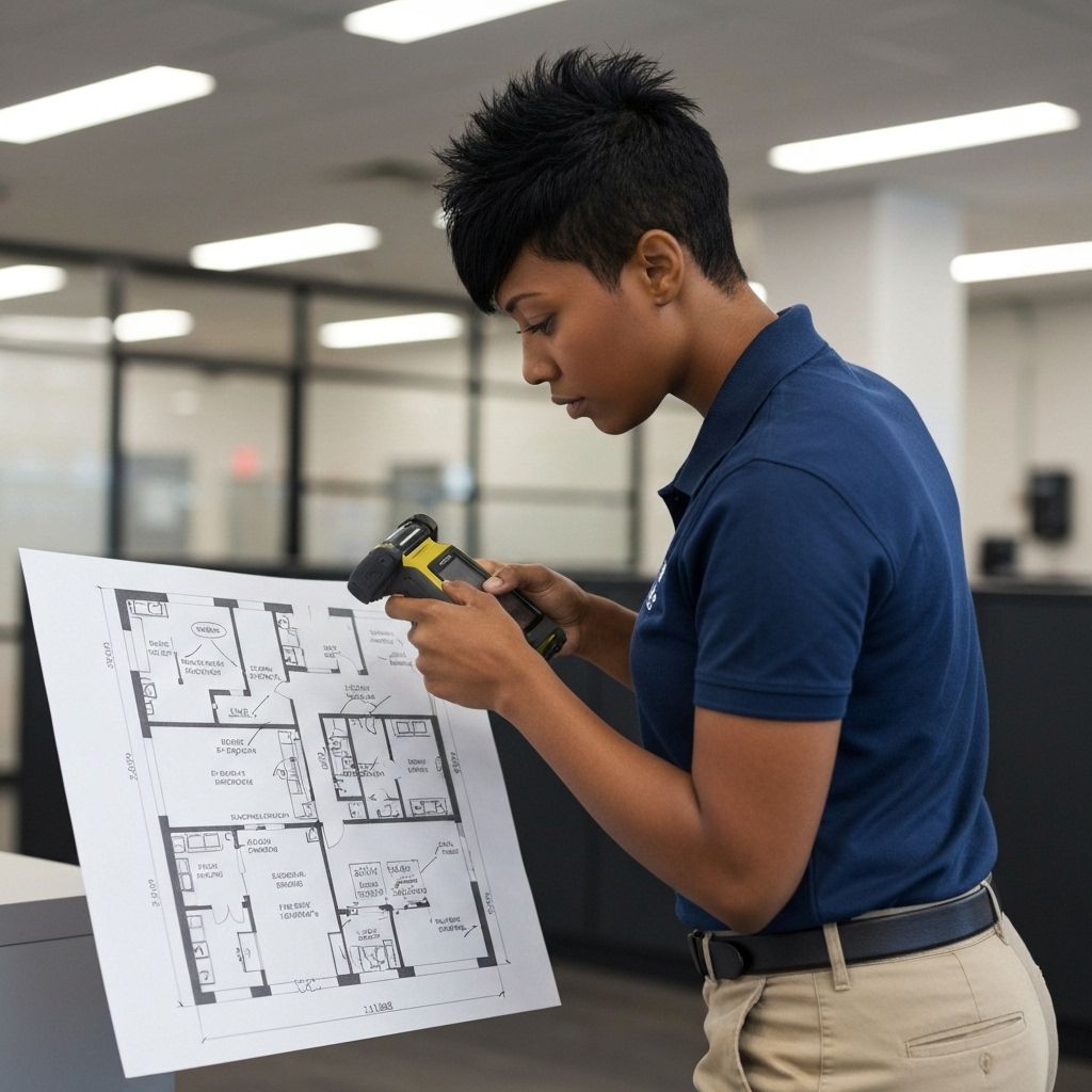 Security professional conducting site survey with floor plan for custom alarm system design