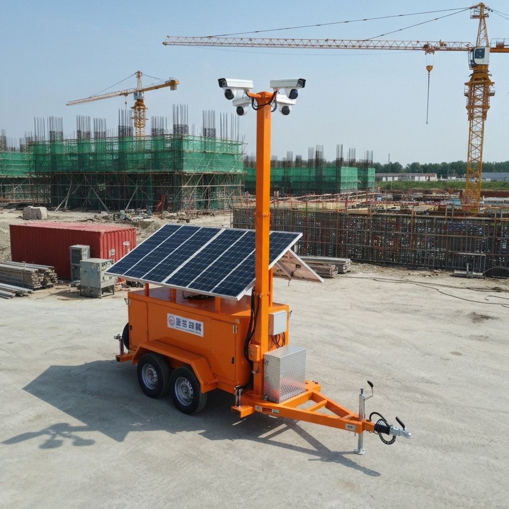 Solar-powered mobile surveillance trailer with cameras on telescoping mast