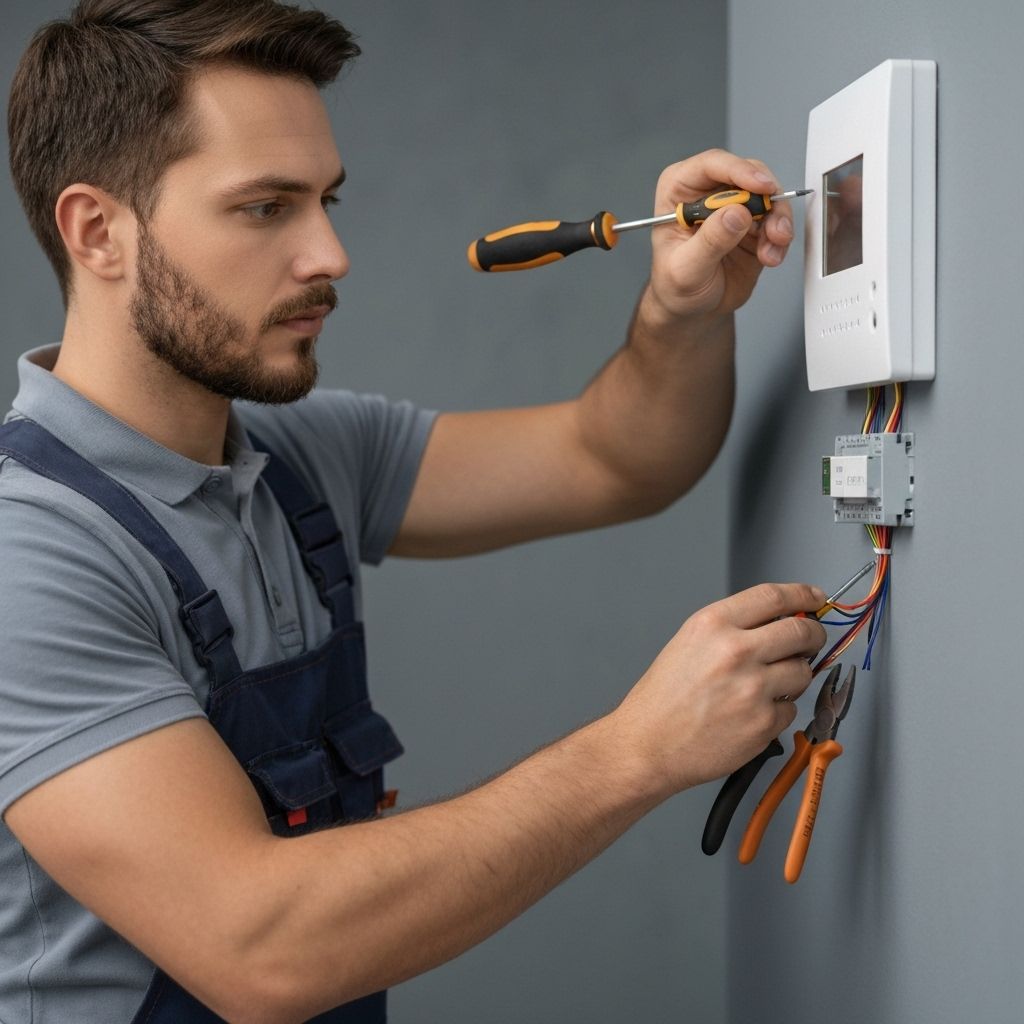 Professional technician installing video intercom hardware on wall