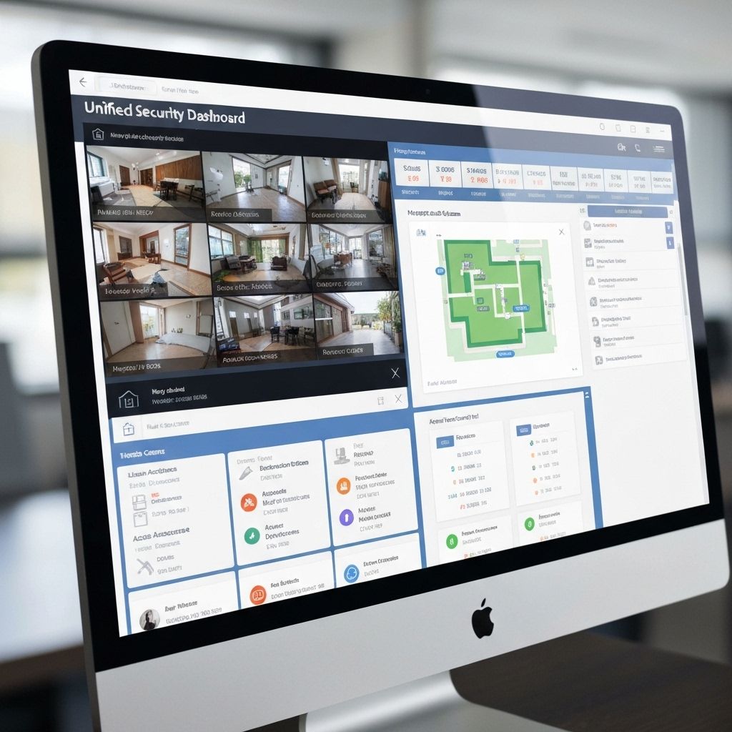 Unified security dashboard showing integrated alarms, cameras, and access control systems
