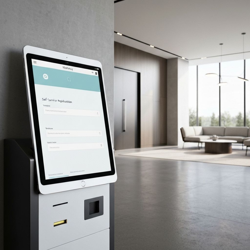 Modern visitor check-in kiosk with tablet for self-service registration